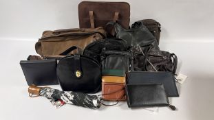 A BOX OF ASSORTED BAGS AND PURSES TO INCLUDE DESIGNER LEATHER BRANDED EXAMPLES.