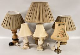 A GROUP OF TABLE LAMPS AND SHADES TO INCLUDE A PAIR OF POLISHED HARD STONE EXAMPLE,
