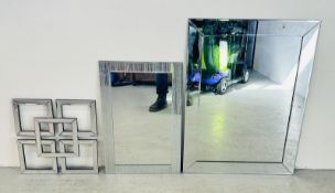 A MODERN FIVE SQUARE INTERLOCKING WALL MIRROR, A RECTANGULAR WALL MIRROR AND ONE OTHER.