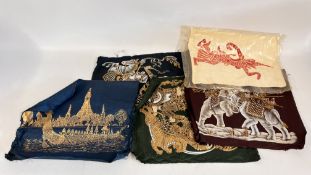 A GROUP OF 4 EASTERN SCREEN / BLOCK PRINTS ON A SATIN TYPE MATERIAL + ONE OTHER.