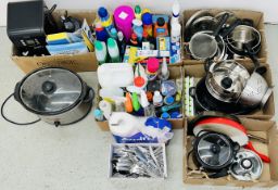 6 BOXES OF ASSORTED KITCHENALIA AND CLEANING CHEMICALS TO INCLUDE POTS AND PANS WITH EXAMPLES TO