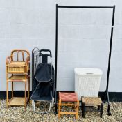 BLACK CLOTHES RAIL, LAUNDRY BIN, CD RACK, TWO STOOLS, BAMBOO FRAME, WHEELED TROLLEY, 3 DRAWER CHEST.