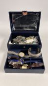 A JEWELLERY BOX AND CONTENTS TO INCLUDE FASHION JEWELLERY AND WRIST WATCHES DESIGNER BRANDED