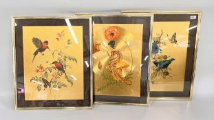 A GROUP OF 3 FRAMED AND MOUNTED PICTURES ON A GILT GROUND TO INCLUDE BIRD AND BUTTERFLY EXAMPLES.
