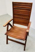 GOOD QUALITY TEAK RECLINING GARDEN CHAIR.