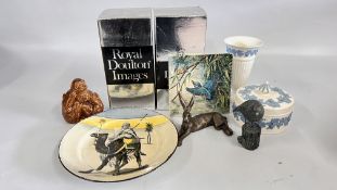 A GROUP OF SUNDRY CHINA TO INCLUDE 2 X ROYAL DOULTON IMAGES FIGURINES PEACE HN2470 AND THANKFUL