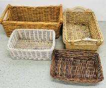GROUP OF FOUR VARIOUS WICKER BASKETS.