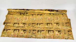 A WALL HANGING TAPESTRY DEPICTING ANIMALS AND ROMANTIC SCENES, W 130CM.
