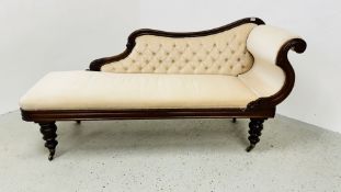 MAHOGANY FRAMED PEACH UPHOLSTERED CHAISE LOUNGE.