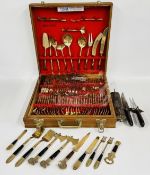 A CANTEEN OF NICKLE BRONZE BAMBOO DESIGN TABLE CUTLERY ALONG WITH OTHER BRASS SERVING CUTLERY AND