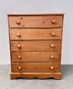 A WAXED PINE 5 DRAWER CHEST, W 85, D 48, H 107CM.