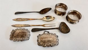 TWO SILVER DECANTER LABELS PORT AND SHERRY, TWO SILVER NAPKIN RINGS,