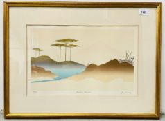 FRAMED AND MOUNTED LIMITED EDITION SIGNED PRINT (84/125) 'LANDORA MOUNTAIN' BY JAN KING, 26CM X 40.