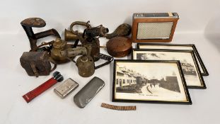 A GROUP OF COLLECTIBLES TO INCLUDE A HAND PAINTED CAST SHOE LAST, BRASS HORN, VINTAGE BLOW TORCHES,