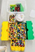 LARGE QUANTITY ASSORTED LEGO INCLUDING TRAYS, VEHICLES, BLOCKS, STORAGE BLOCKS ETC.