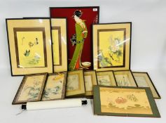 A GROUP OF 4 ORIENTAL PICTURES PRINTED ON FABRIC + AN ORIENTAL HAND PAINTED FOLDING PANEL AND