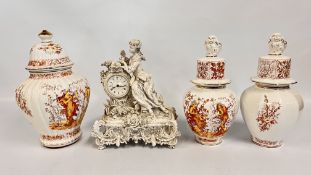A PAIR OF ITALIAN PORCELAIN LIDDED URNS H 36CM + A FURTHER SIMILAR RIBBED EXAMPLE H 40CM AND A