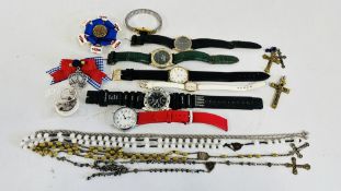 A GROUP OF ROSARY BEADS AND ASSORTED WRIST WATCHES TO INCLUDE PULSAR AND COTTON TRADERS EXAMPLES,