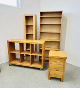 GROUP OF BEECH WOOD FINISH OCCASIONAL FURNITURE TO INCLUDE 6 SHELF BOOKCASE W 79 D 30 H 192CM,
