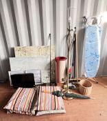 A VIEDA FOLDING IRONING BOARD, BRASS FINISH LAMP, TECHNIKA TV, RED CARPET RUNNER, WALL ART,