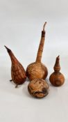 4 X PERUVIAN STYLE ENGRAVED GOURDS.