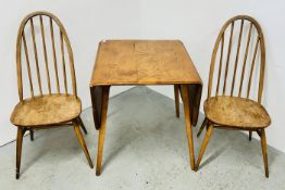 AN ERCOL DROP LEAF TABLE AND TWO CHAIRS (REQUIRES ATTENTION).