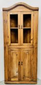STAINED PINE 4 DOOR CORNER CABINET.