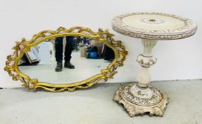 CONTINENTAL PORCELAIN PEDESTAL TABLE ALONG WITH ORNATE GILT FRAMED WALL MIRROR, W 107CM.