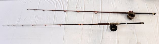 A VINTAGE C RADFORD IGFA 30LB SINGLE PIECE BOAT ROD FITTED WITH PENN 149 MULTIPLY REEL ALONG WITH A