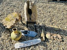 A GROUP OF GARDEN DECORATIVE EFFECTS TO INCLUDE WOODEN SCULPTURE ON CAST STAND, SLAB COFFEE TABLE,