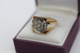 A 9CT GOLD TWO COLOUR MULTI DIAMOND GENTLEMAN'S RING.