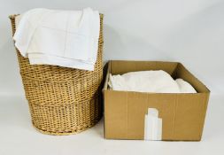 A WICKER LINEN BASKET AND A LARGE BOX CONTAINING A GROUP OF VINTAGE MAINLY TABLE LINEN AND LACE