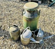 3 VINTAGE GALVANIZED WATERING CANS, VINTAGE MILK CHURN.