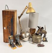 A VINTAGE CORNED BEEF CRATE AND COLLECTIBLES TO INCLUDE A VINTAGE ANGLE POISE LAMP,