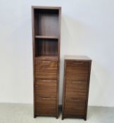 A MODERN DARK WOOD THREE DRAWER TOWER UNIT ALONG WITH MATCHING THREE DRAWER TOWER UNIT ENSUITE A/F,