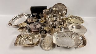 3 X BOXES CONTAINING AN EXTENSIVE GROUP OF PLATED WARE TO INCLUDE TUREENS & TEA SETS,