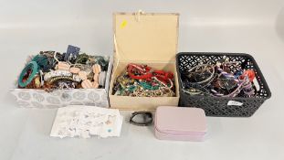 THREE BOXES COSTUME JEWELLERY TO INCLUDE NECKLACES, BEADS AND BANGLES, ETC.