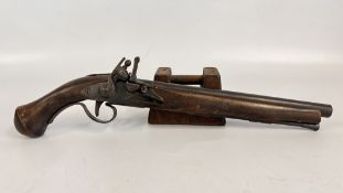 A REPRODUCTION FLINT LOCK PISTOL.