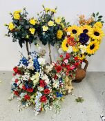 GROUP OF ARTIFICIAL PLANTS AND FLOWERS TO INCLUDE SUNFLOWERS, ROSES, ETC, ONE IN A TERRACOTTA VASE.