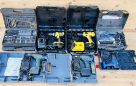 GROUP OF VARIOUS CORDLESS AND CORDED POWER TOOLS TO INCLUDE DEWALT DW997 AND DC725 DRILLS,