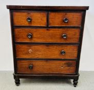 A VICTORIAN FIVE DRAWER CHEST, THE TWO SHORT DRAWERS OVER THREE LONG (POOR CONDITION), W 102.5CM.