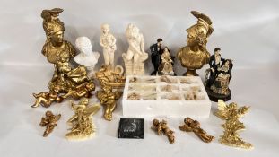 3 X BOXES CONTAINING A GROUP OF GILT FINISH CHERUBS, PLASTER BUST,