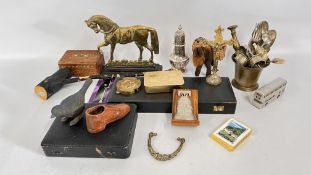 A BOX OF ASSORTED COLLECTABLES TO INCLUDE A BRASS HORSE DOOR STOP, FLAT WARE,