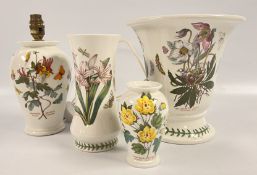 THREE PORTMEIRION THE BOTANIC GARDEN VASES, THE TALLEST 25CM DIAM 24CM + A PORTMEIRION LAMP BASE.