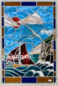 LARGE STAIN GLASS LEADED PANEL OF A CORNISH SCENE, W 68.5 X H 103CM.