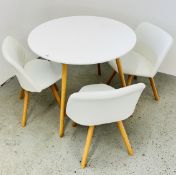 A MODERN CIRCULAR DINING TABLE AND THREE MATCHING WHITE FAUX LEATHER DINING CHAIRS BY GAYA HOME