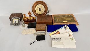 A BOX OF COLLECTIBLES TO INCLUDE CARVED AND INLAID BOXES, FIRST DAY COVERS,