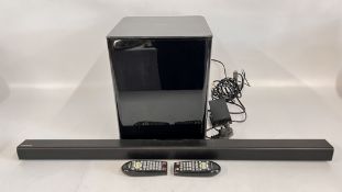 A SAMSUNG SOUND BAR + BOOM BOX + 2 REMOTES - SOLD AS SEEN.