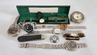 A GROUP OF WATCHES TO INCLUDE EXAMPLES MARKED TIMEX AND COMMEMORATIVE POCKET WATCH ETC.