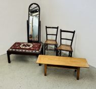 A MODERN DARK STAINED CHEVAL MIRROR WITH BEVELLED PLATE GLASS + TWO RATTAN SEATED BEDROOM CHAIRS +